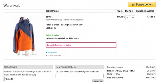 15 % Rabatt on top auf das gesamte Sortiment bei sportokay - nur noch bis morgen!
