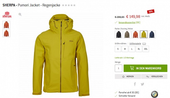 Bergfreunde Preisgrounder - Sherpa Pumori-Regenjacke 50 % reduziert