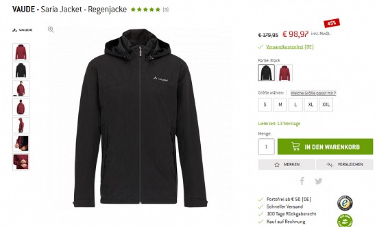 Bergfreunde Preisgrounder - Vaude Saria-Regenjacke (m/w) 45 % reduziert