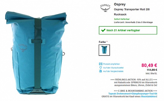 Ausgewählte Osprey-Deals 30 % reduziert bei sportokay