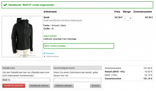 10% Extra-Rabatt auf alle Artikel aus der Kategorie Bike bei sportokay