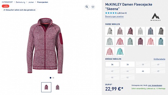 Deal of the Day - McKINLEY Damen Fleecejacke "Skeena" für nur 22,99 € bei intersport