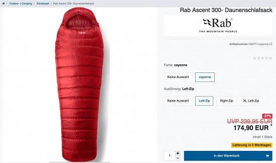 Spare 27% auf den Rab Ascent 300 Daunenschlafsack bei Vertical Extreme