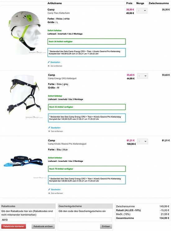 Komplettes Klettersteig Set mit 27% Rabatt bei Sport Okay