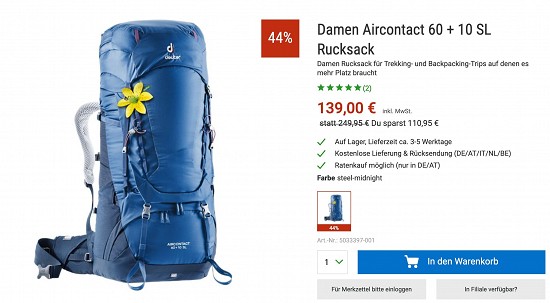 Deuter Rucksäcke 44% reduziert bei Bergzeit