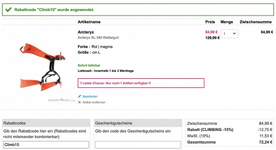 -15% Rabatt on Top auf Kletterausrüstung beim Sport Okay