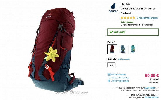 Bis zu 37% Rabatt auf Deuter Rucksäcke bei Sport Okay