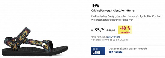 Spare 40% auf Teva Sandalen beim Sportler