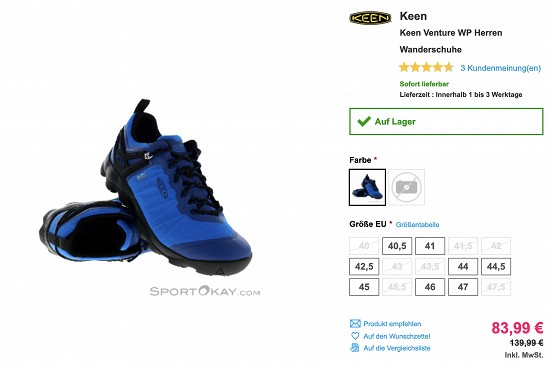 Bis zu 50% Rabatt auf Keen Wanderschuhe bei Sport Okay