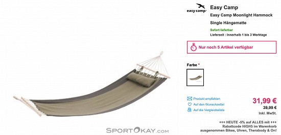 Bis zu 47% Rabatt auf Camping Ausrüstung beim Sport Okay