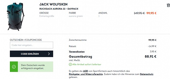 15% Extra-Rabatt auf Taschen und Rucksäcke bei sportscheck
