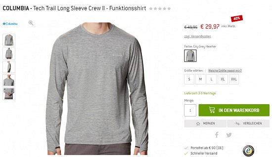 Bergfreunde Preisgrounder - W’s Tacun L/S Bluse von Vaude und das Tech Trail Long Sleeve Crew II Funktionsshirt von Columbia 40 % reduziert