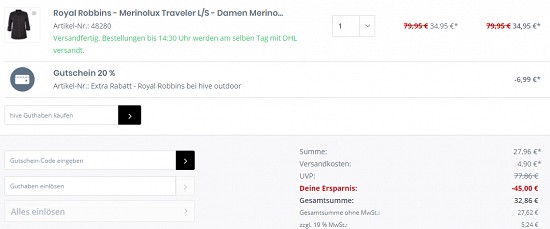 20% extra Rabatt auf alle Artikel von Royal Robbins bei hive-outdoor