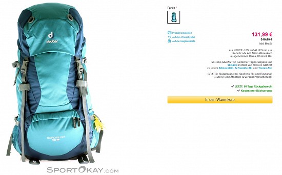 Deuter Tourlite ACT 50+10L 131,99€- 40% gespart