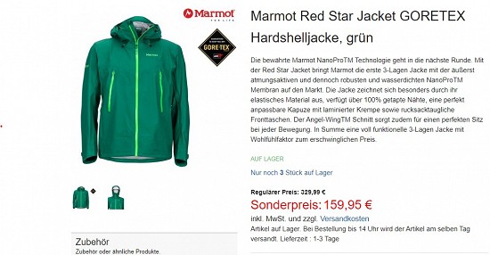 Marmot Red Star Jacket GORETEX Hardshelljacke, grün 159,95€-51% gespart