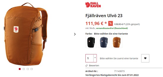 20% Rabatt auf Fjällräven bei rucksack