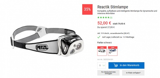 Zwei Petzl Stirnlampen 35% reduziert bei bergzeit