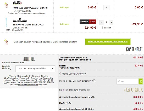 10% extra auf Tourenski Sortiment bei snowleader