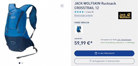 Jack Wolfskin Rucksack Crosstrail 12 für 59,99€ - 60% gespart