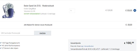 Spare 20€ auf ausgewählte Rucksäcke bei sportler