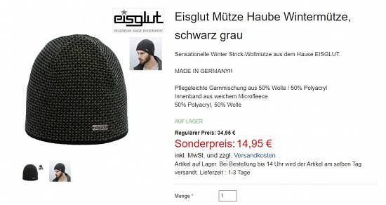 Eisglut Mütze Haube Wintermütze, schwarz grau 14,95€ - 57% gespart