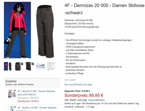 4F - Dermizax 20 000 - Damen Skihose -schwarz 89,95€ - 57% günstiger