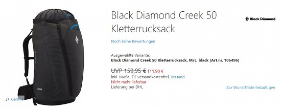 Black Diamond Creek 50 Kletterrucksack 111,90€ - 30% gespart