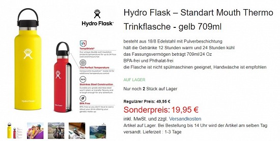 Hydro Flask – Standart Mouth Thermo Trinkflasche - gelb 709ml für nur 19,95€ - 60% gespart