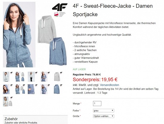 4F - Sweat-Fleece-Jacke - Damen Sportjacke 19,95€ - 75% Ersparis