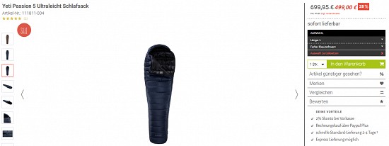 Deal der Woche: Yeti Passion 5 Ultraleicht-Schlafsack für 499€ statt 699,95€ - jetzt bis zu 28% günstiger
