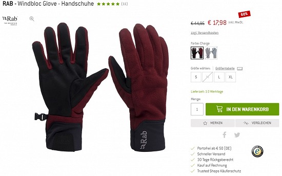 RAB - Windbloc Glove - Handschuhe 17,98€-60% gespart