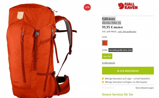 Fjällräven Abisko Hike 35 für 99,95€ - 38% reduziert