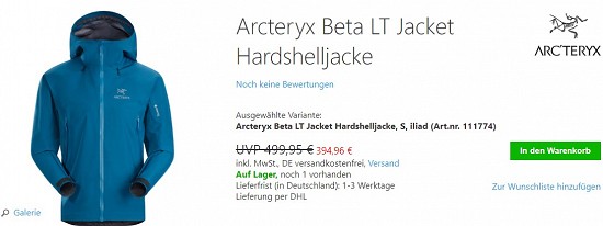 Arcteryx Beta LT Jacket Hardshelljacke 394,96€ - 20% gespart