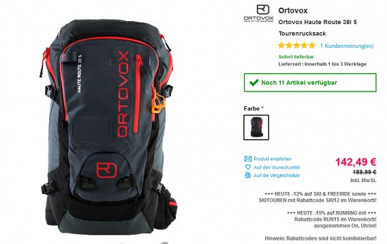 25% Rabatt auf drei ausgewählte Ortovox-Tourenrucksäcke
