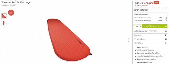 Therm-A-Rest ProLite Large-Isomatte für 70€ - jetzt 48% günstiger bei trekking-lite-store