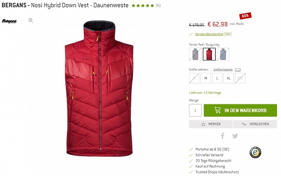 Bergans - Nosi Hybrid Down Vest - Daunenweste 62,98€ - 65% reduziert