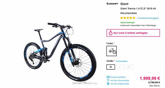 Bikes aus 2019 bei sportokay - Rabatte von bis zu 31% + 5% on top