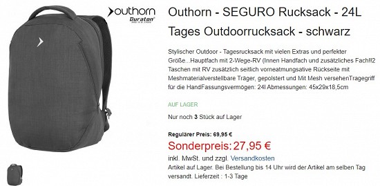 Outhorn - Seguro Rucksack - 24L Tages Outdoorrucksack 27,95€ - 60% reduziert