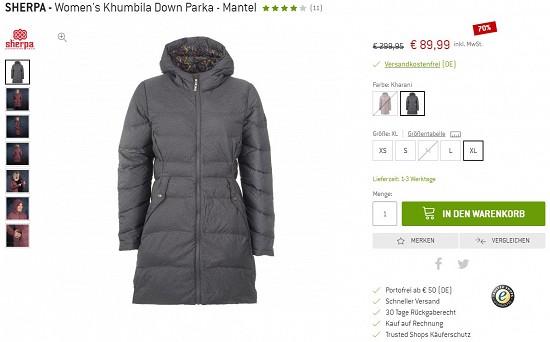 SHERPA - Women's Khumbila Down Parka - Mantel 89,99€ - 70% günstiger
