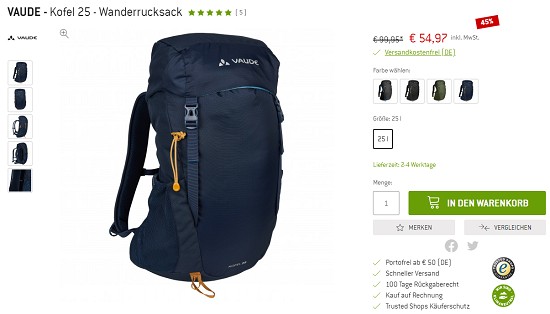 Bergfreunde Preisgrounder: 45% auf Vaude Wanderrucksack & Regenmantel