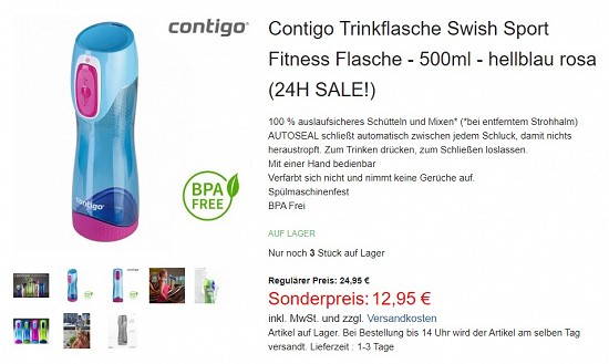 Contigo Trinkflasche Swish Sport Fitness Flasche - 500ml für 12,95€ - 48% reduziert