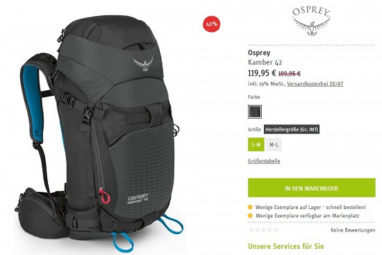Osprey Kamber 42 für nur 119,95€ - 40% gespart