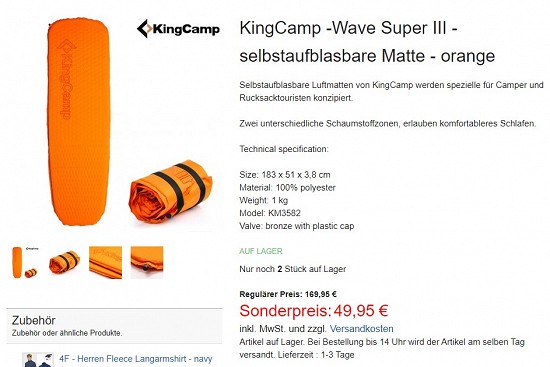 KingCamp -Wave Super III - selbstaufblasbare Matte 49,95€ - 70% gespart