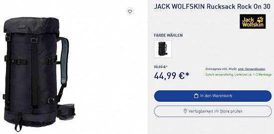 JACK WOLFSKIN Rock On 30-Rucksack für 44,99€ - jetzt 55% günstiger - nur heute!