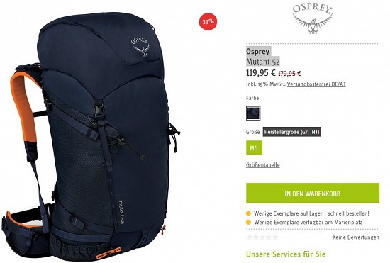 Osprey Mutant 52 für nur 119,95€ - 33% günstiger