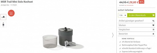 MSR Trail Mini Solo Kochset 29,00€ - 35% gespart