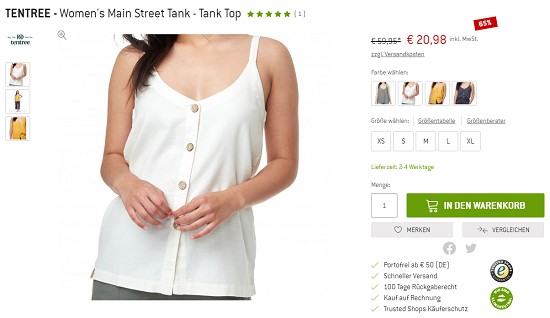 Bergfreunde Preisgrounder:65% auf Tentree Tank Top und T-Shirt sparen