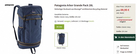 Patagonia Arbor Grande Pack 28L-Rucksack für 69,95€ - jetzt 36% günstiger